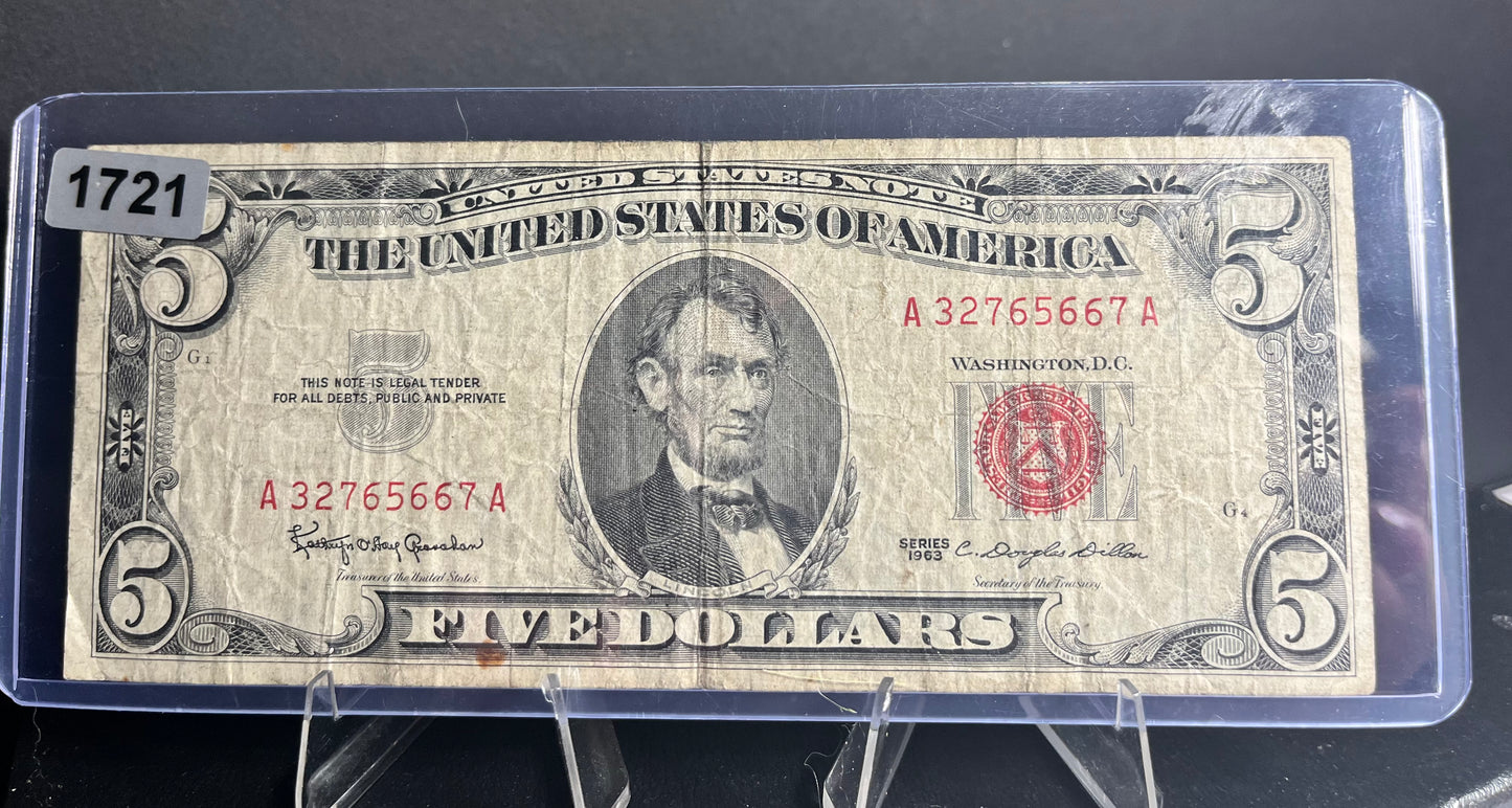 1963 Red Seal Five Dollar Bill
