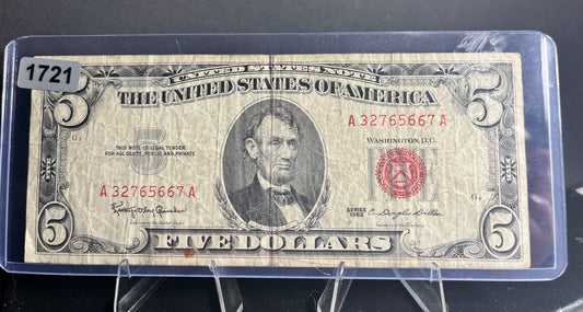 1963 Red Seal Five Dollar Bill